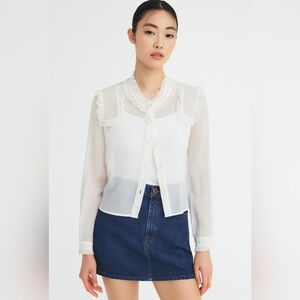 Saint Tropez See Thru Sheer Ruffle Blouse Top White Small